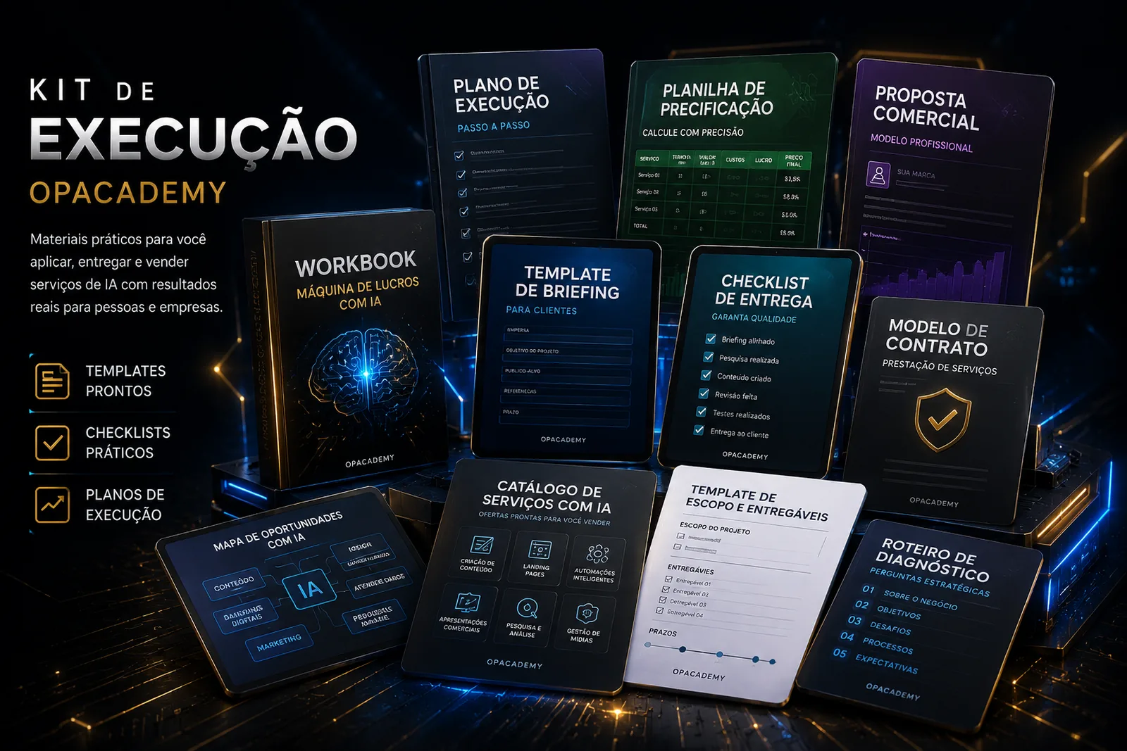 Kit de execução com planos, roteiros, propostas e checklists